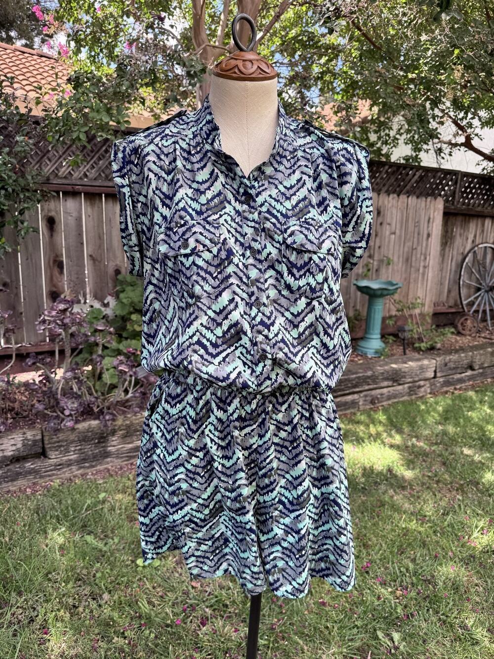 Speed Control Romper XL Sleeveless Button Up Elastic Waist Navy Blue Green